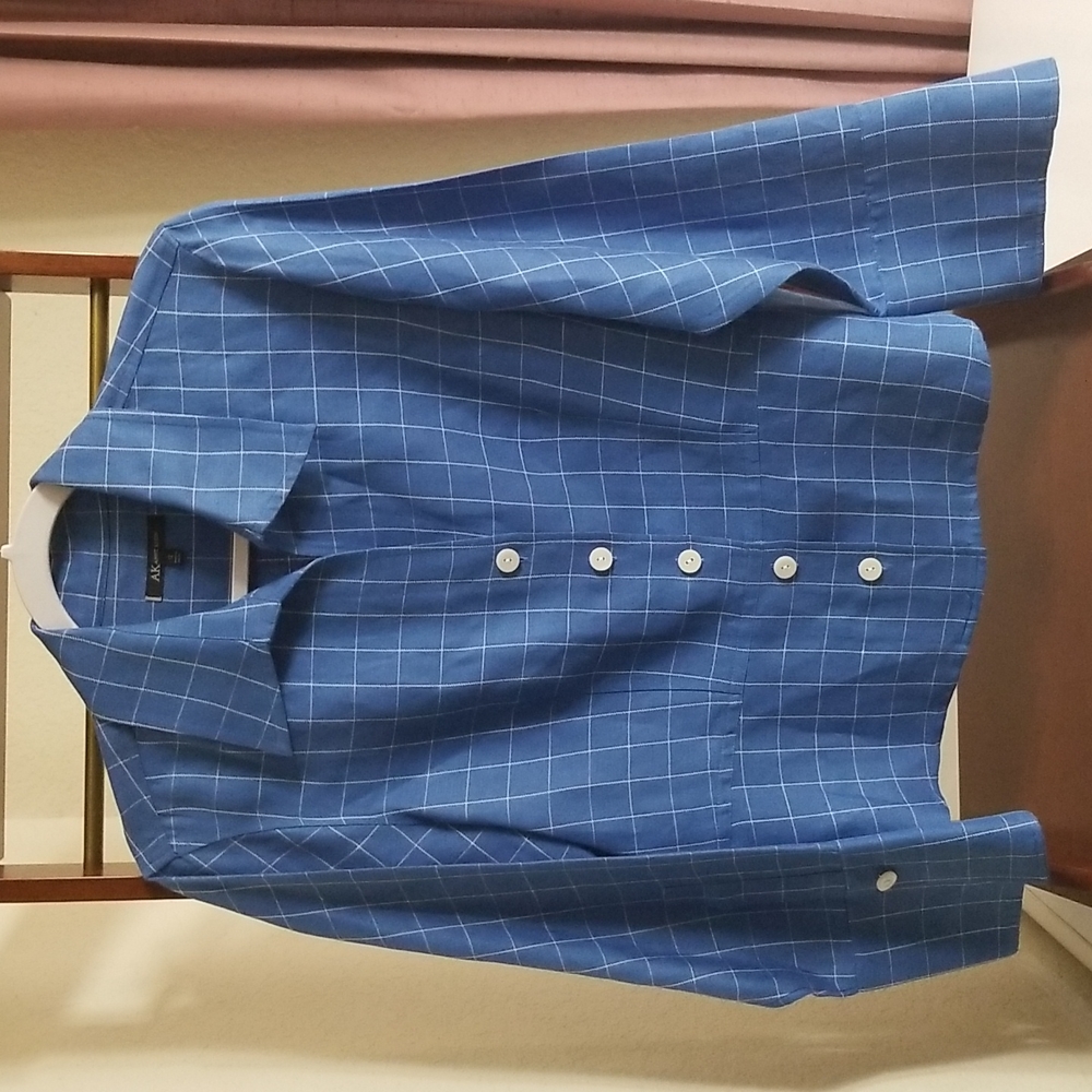 Anne Klein Blue and white dressy plaid long sleeve blouse